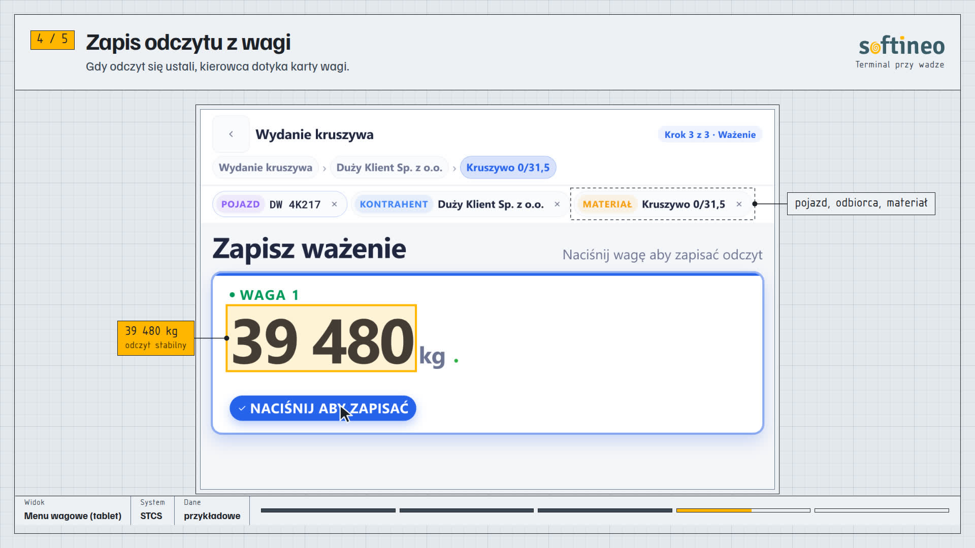 Ekran aplikacji STCS: terminal przy wadze, dane przykładowe